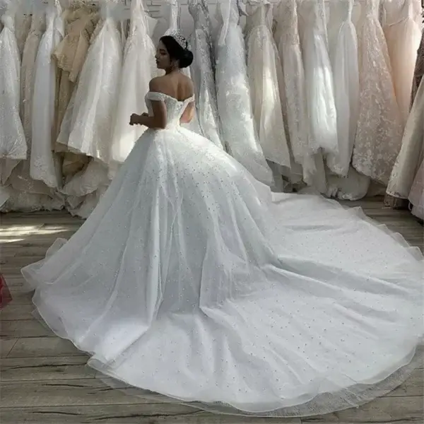 Pearl Wedding Dress Off Shoulder Beaded V Neck Lace Up Bride Gown