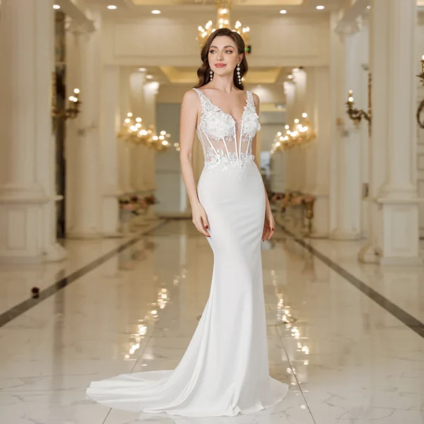 Pearl Wedding Dress White Lace Mermaid V Neck Sleeveless Gown - Image 5