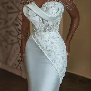 Pearl Wedding Dress Mermaid Beaded Sheer O-Neck Long Sleeves