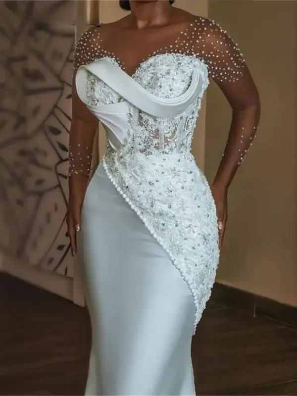 Pearl Wedding Dress Mermaid Beaded Sheer O-Neck Long Sleeves