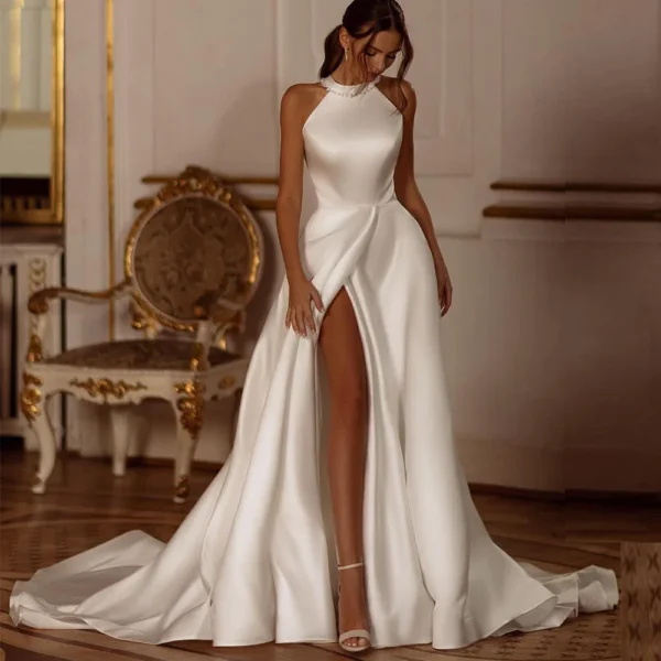 Pearl Wedding Dress Sleeveless High Slit A-Line Bridal Gown 2025