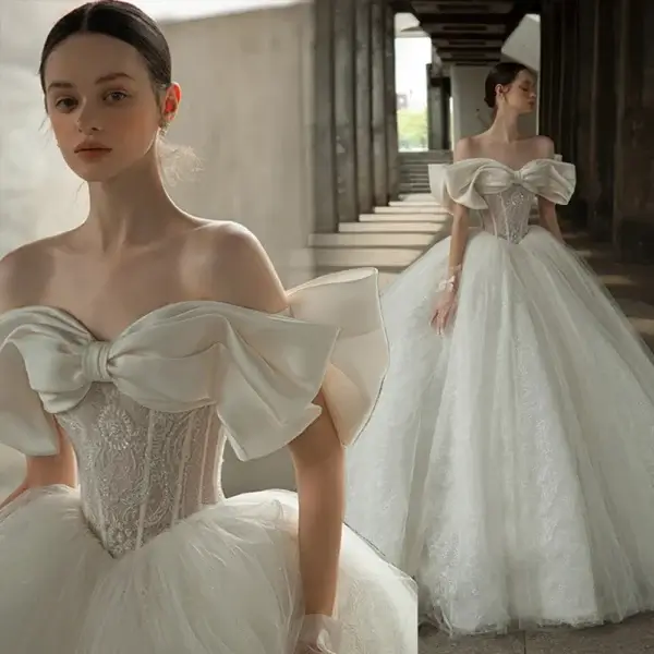 Pearl Wedding Dress Off The Shoulder with Beading and Bow