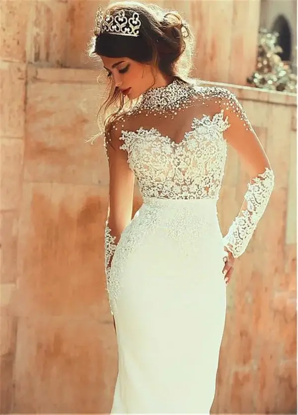 Pearl Wedding Dress with Sheer Back, High-neck & Long Sleeve