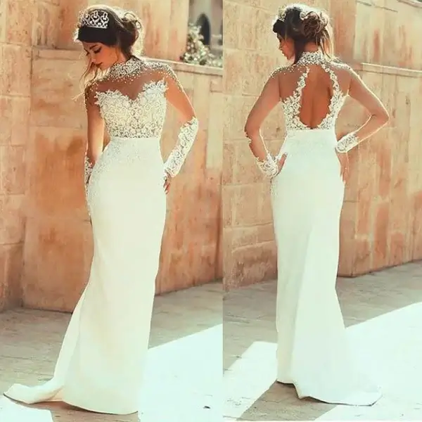 Pearl Wedding Dress with Sheer Back, High-neck & Long Sleeve - Image 2