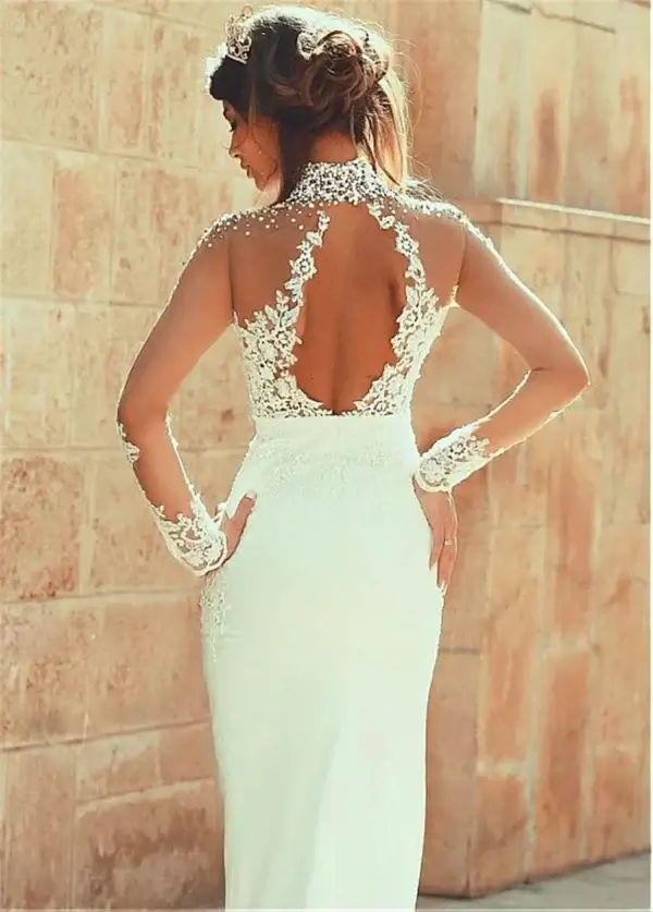 Pearl Wedding Dress with Sheer Back, High-neck & Long Sleeve - Image 3