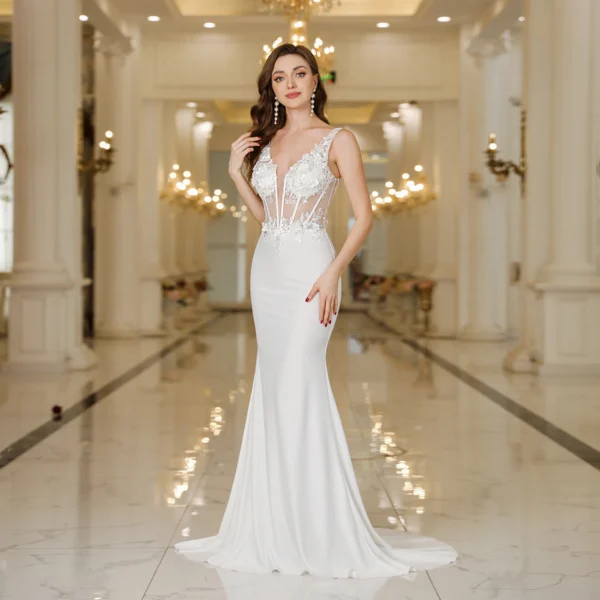 Pearl Wedding Dress White Lace Mermaid V Neck Sleeveless Gown